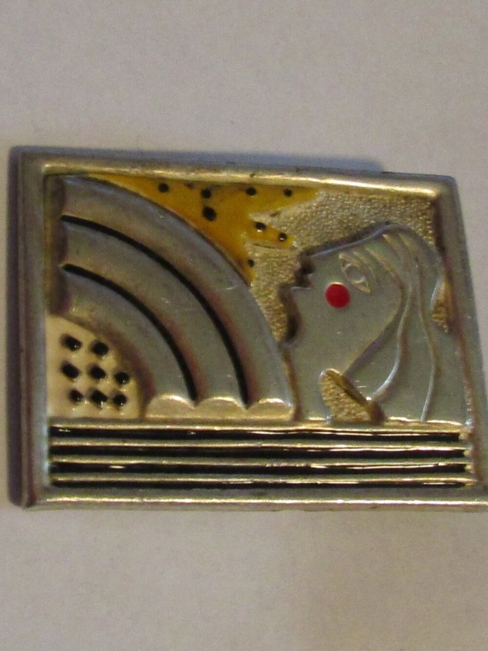 Signed AJC Art Deco Large Silver Toned & Enamel Pin 2" by 1.5" Rosy Cheek Lady